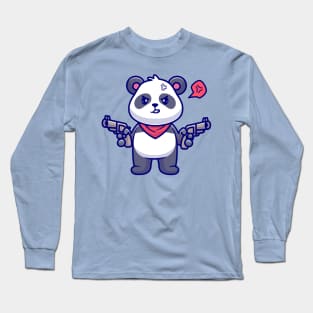 Cute Angry Panda Bandit Holding Gun Pistol Cartoon Long Sleeve T-Shirt